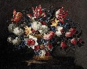 Juan de Arellano roses and other flowers in a wicker basket on a ledge Germany oil painting artist